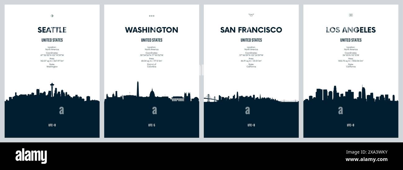 Vettoriale di viaggio con skyline della città Seattle, Washington, San Francisco, Los Angeles, skyline della città dettagliati, grafica minimalista Illustrazione Vettoriale