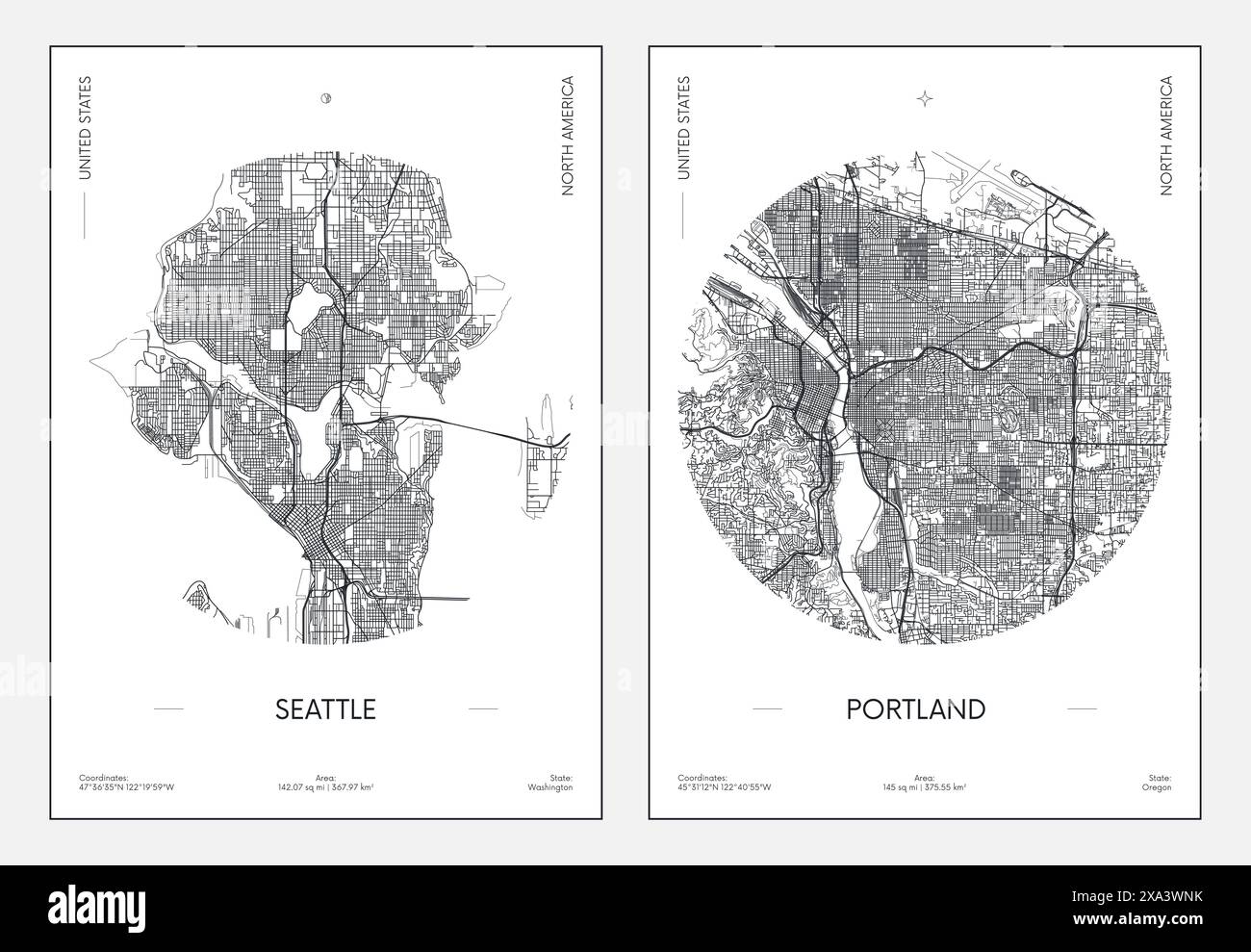 Poster di viaggio, mappa urbana della città di Seattle e Portland, illustrazione vettoriale Illustrazione Vettoriale