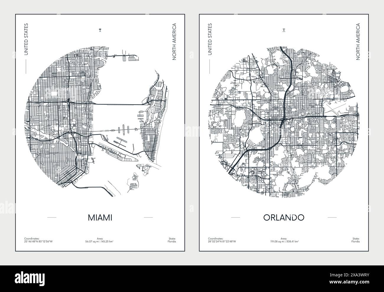 Poster di viaggio, mappa urbana della città di Miami e Orlando, illustrazione vettoriale Illustrazione Vettoriale