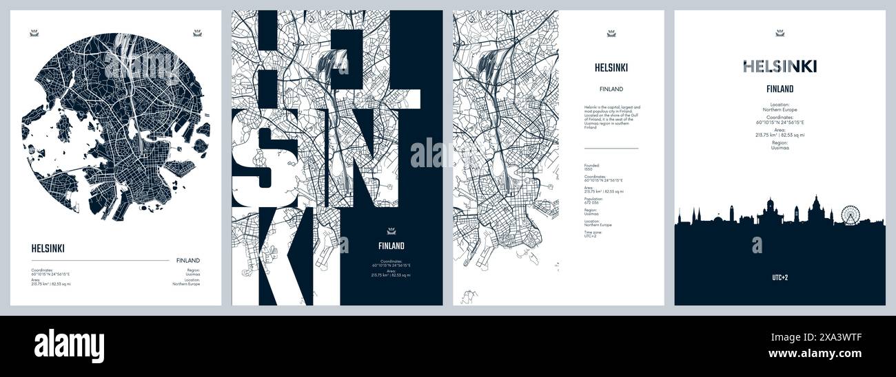 Serie di poster di viaggio con Helsinki; mappa dettagliata della città della pianta urbana; sagoma dello skyline della città; grafica vettoriale Illustrazione Vettoriale