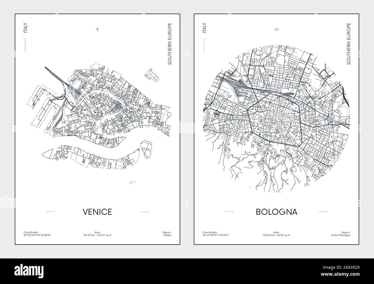 Poster di viaggio, mappa urbana della città Venezia e Bologna, illustrazione vettoriale Illustrazione Vettoriale