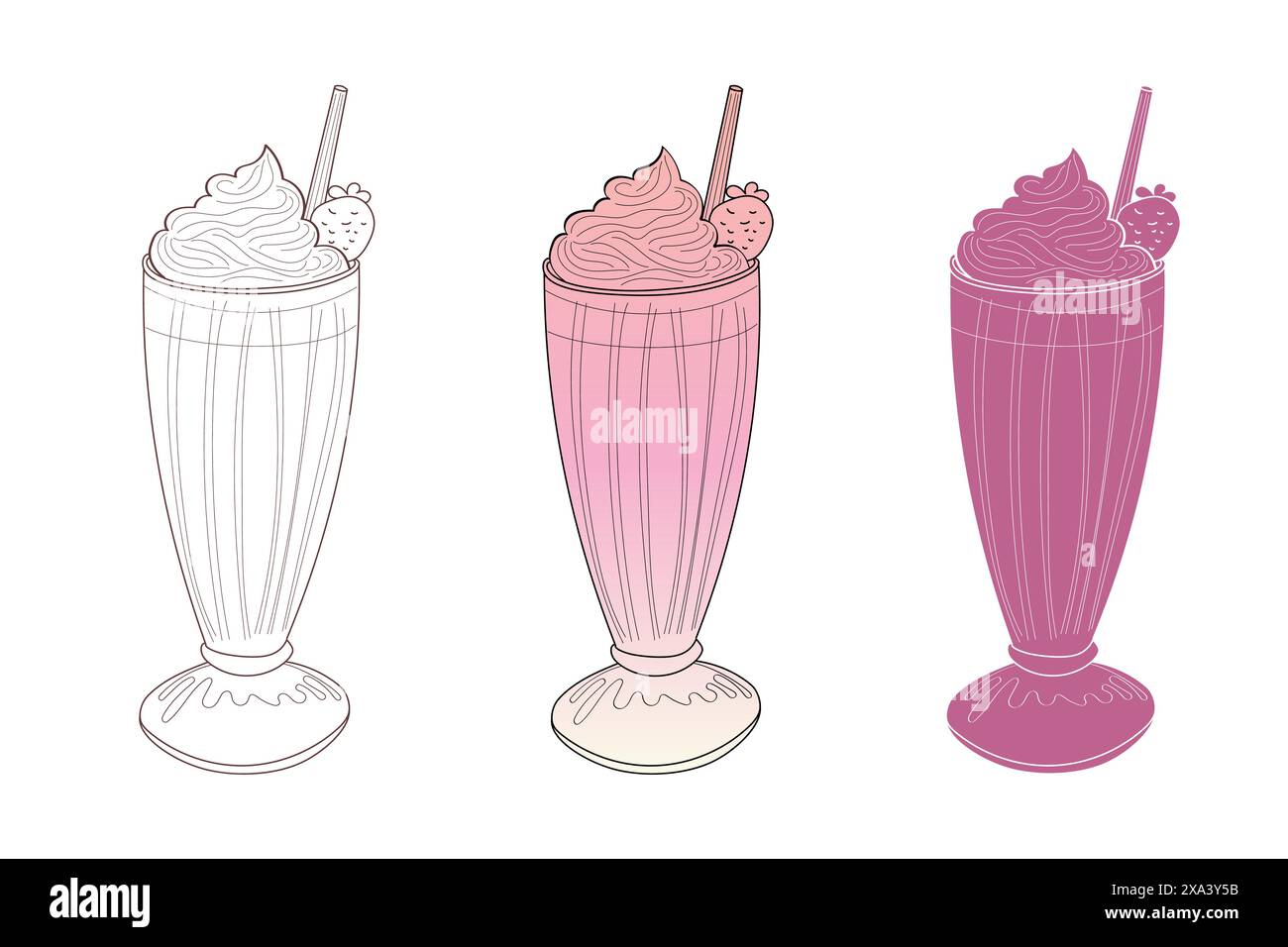 Un'illustrazione digitale di tre frullati di fragole. Uno è in bianco e nero, uno è in tonalità di rosa e bianco, e uno è in tonalità più profonde di rosa. Tutti hanno una cannuccia e una fragola. Illustrazione Vettoriale