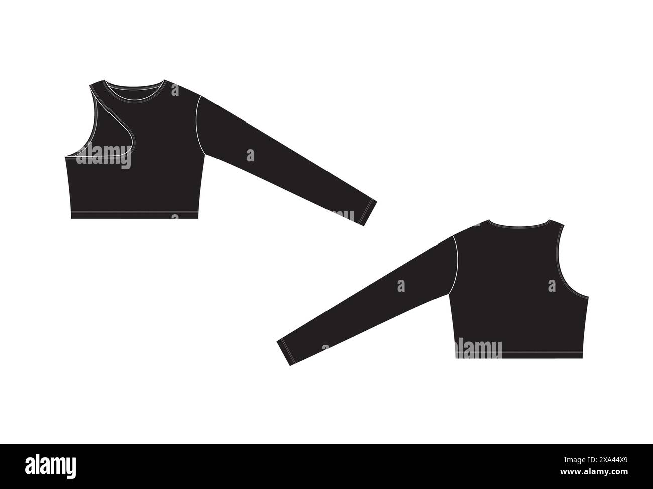 Disegno tecnico vettoriale di una parte superiore ritagliata con vista anteriore e posteriore. Dettaglio spalla fredda / fessura sull'area del braccio destro. Tessuto in Jersey. Illustrazione Vettoriale
