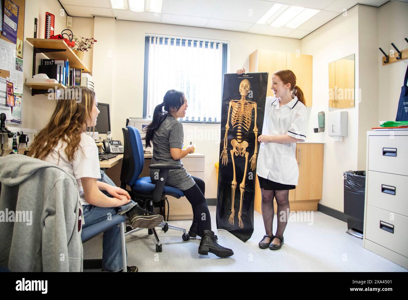 Il medico e l'assistente mostrano l'immagine dello scheletro al paziente in uno studio medico Foto Stock