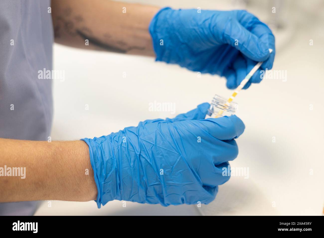 Mani nei guanti per maneggiare il risultato di un test Foto Stock