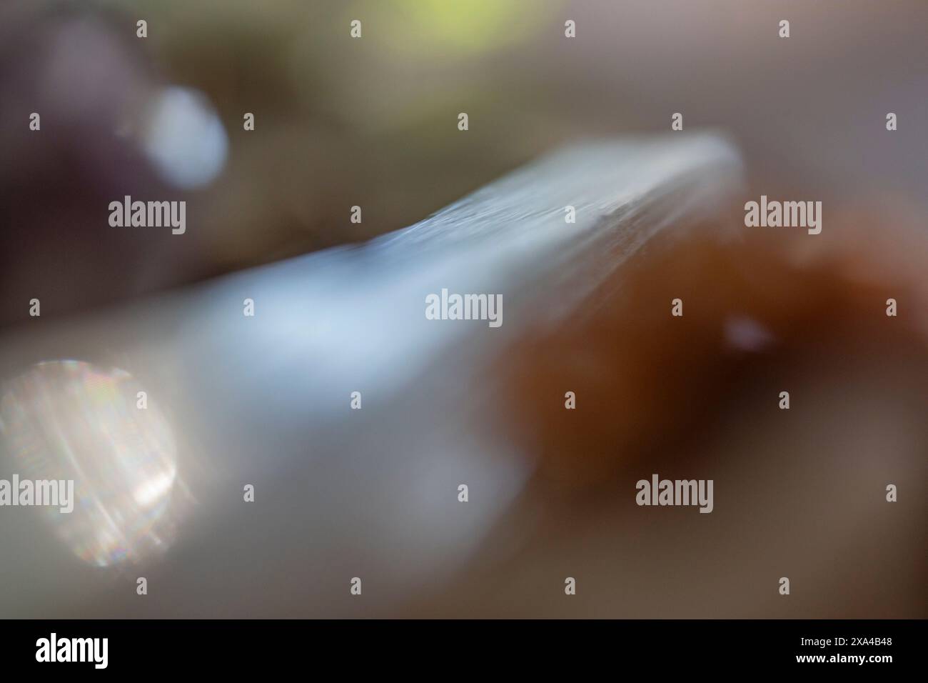 Si tratta di un'immagine ravvicinata e sfocata che si concentra su una superficie liscia e riflettente con luce soffusa e effetto bokeh sullo sfondo. Foto Stock