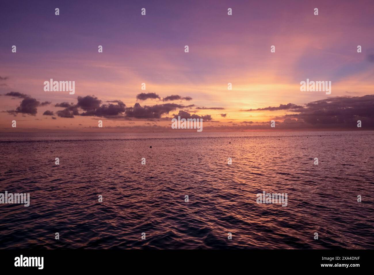 Un tranquillo tramonto sull'oceano con un cielo colorato che passa dalle vivaci tonalità viola a quelle arancioni appena sopra l'orizzonte, riflettendo sulla superficie dell'acqua. Foto Stock