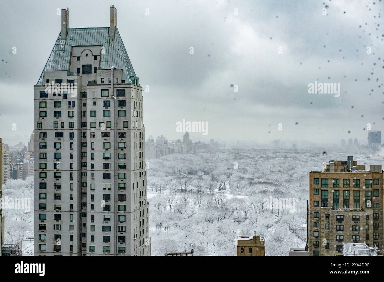 Un paesaggio urbano coperto di neve con un caratteristico grattacielo in primo piano e un parco innevato sullo sfondo, fiocchi di neve visibili nell'aria. Foto Stock