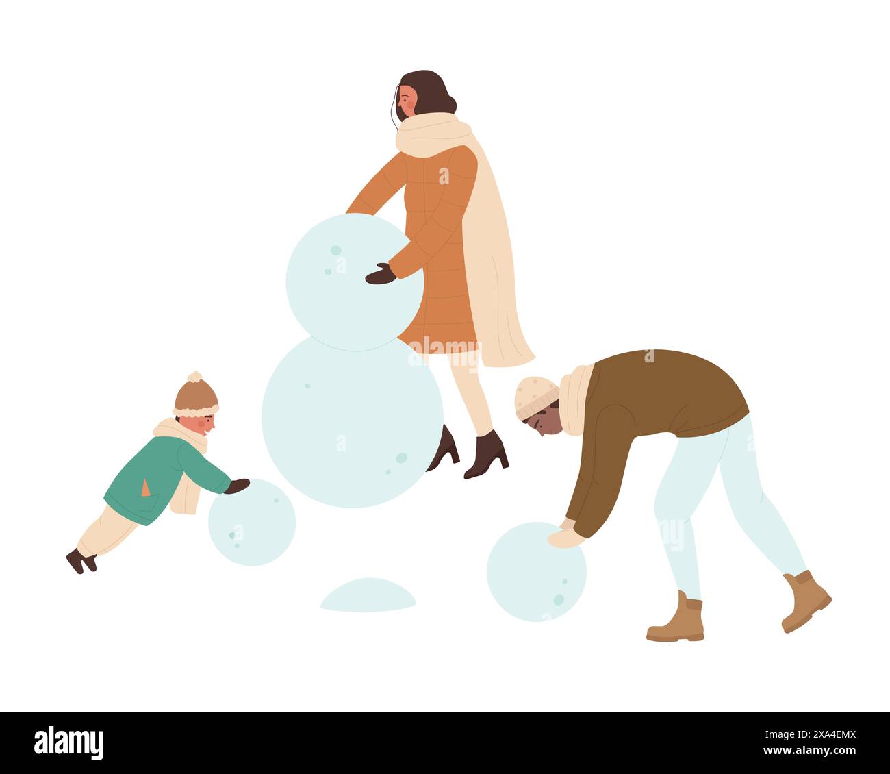 Famiglia felice che fa pupazzo di neve, madre, padre e bambino giocare insieme nell'illustrazione vettoriale invernale Illustrazione Vettoriale