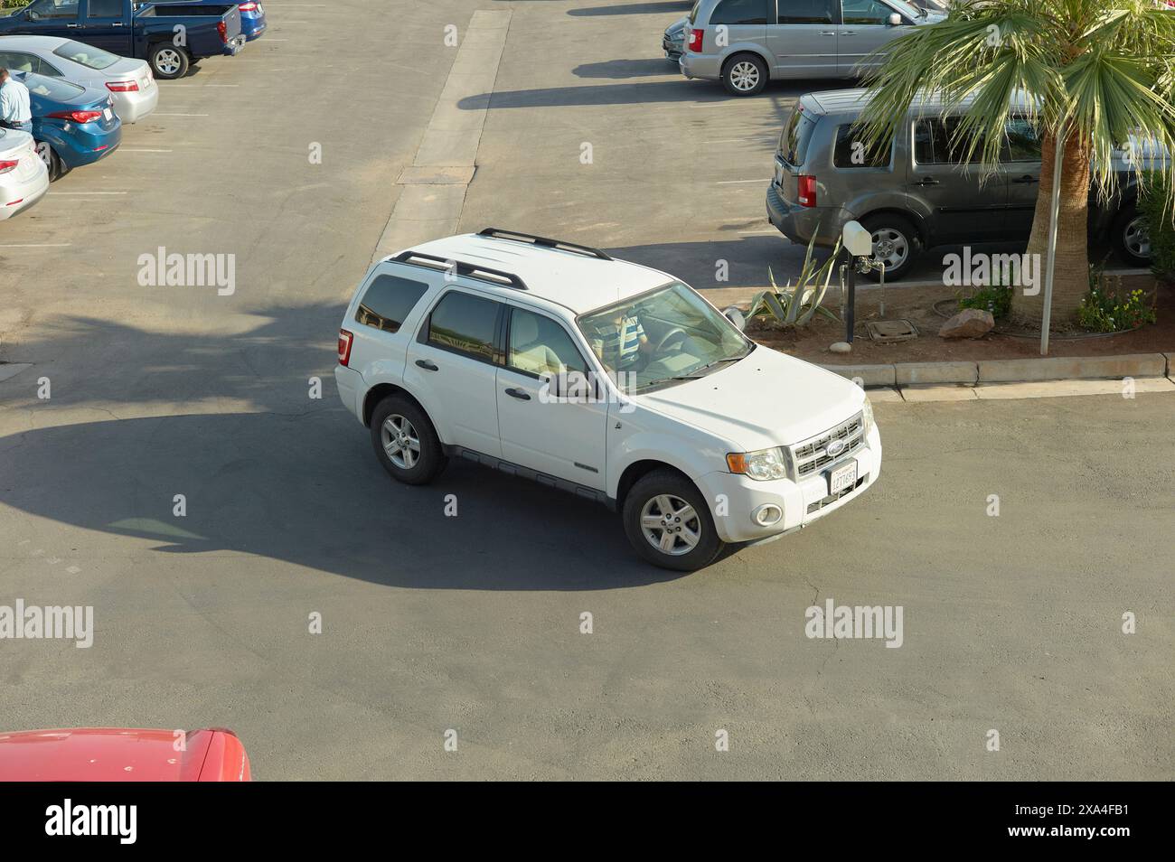 Vista dall'alto di un SUV bianco parcheggiato su un terreno asfaltato con veicoli circostanti e palme. Foto Stock