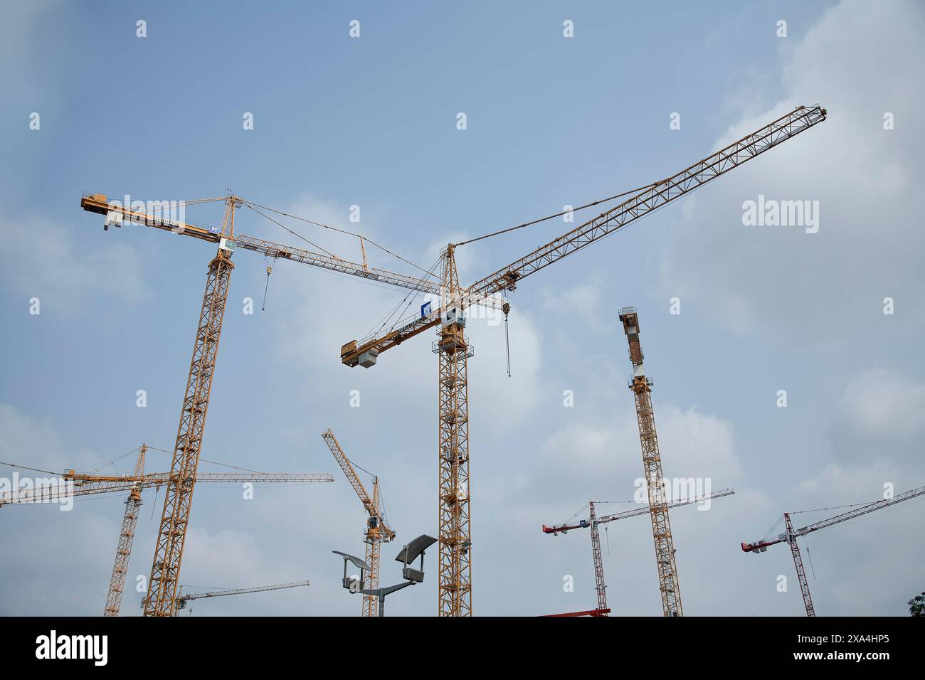 Un gruppo di gru edili si torreggia contro un cielo nuvoloso, indicando un progetto di costruzione su larga scala. Foto Stock