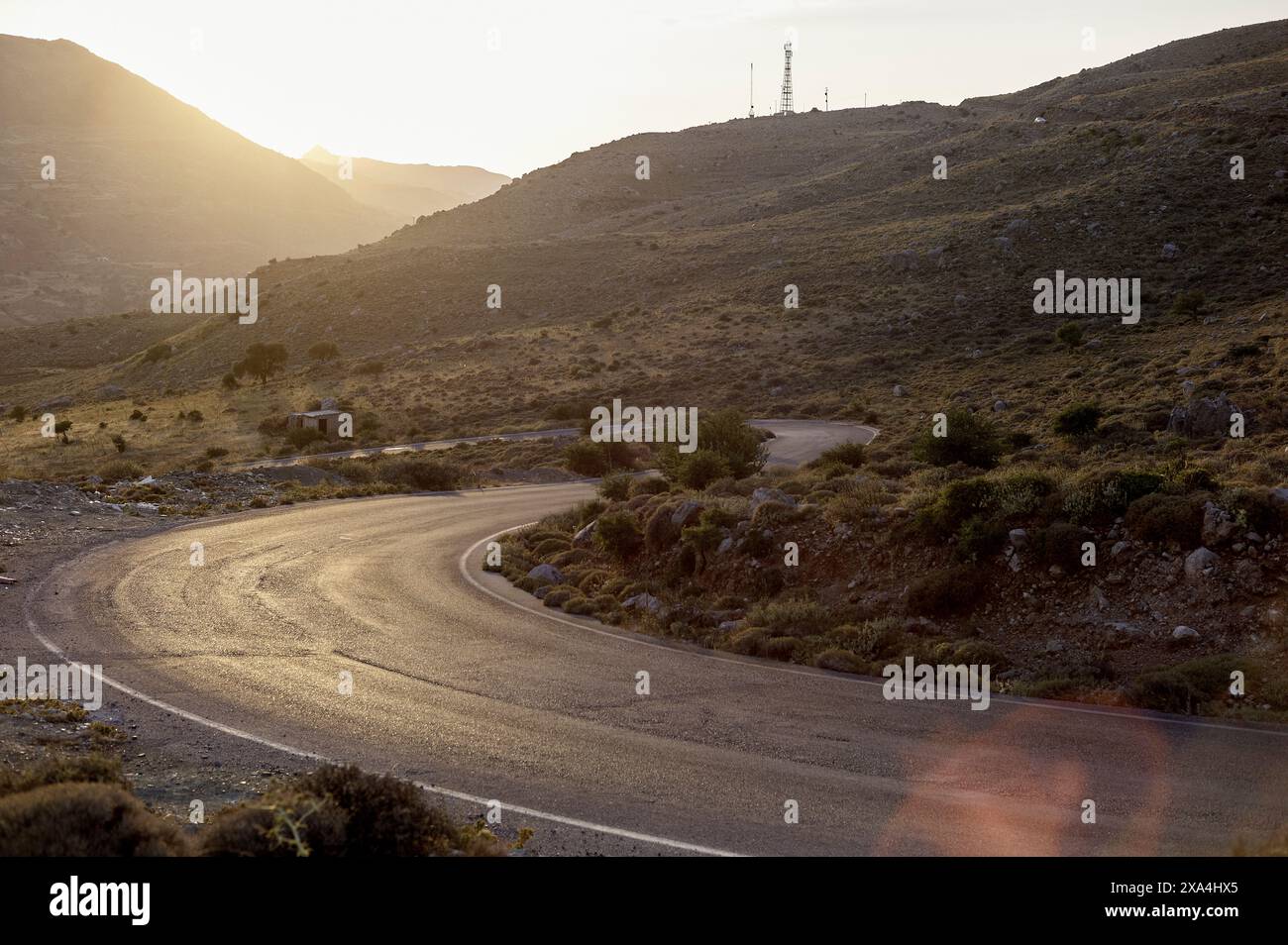 Una strada tortuosa attraversa un paesaggio collinare al tramonto, con una luce calda che proietta lunghe ombre e un bagliore dorato sulla scena. Foto Stock