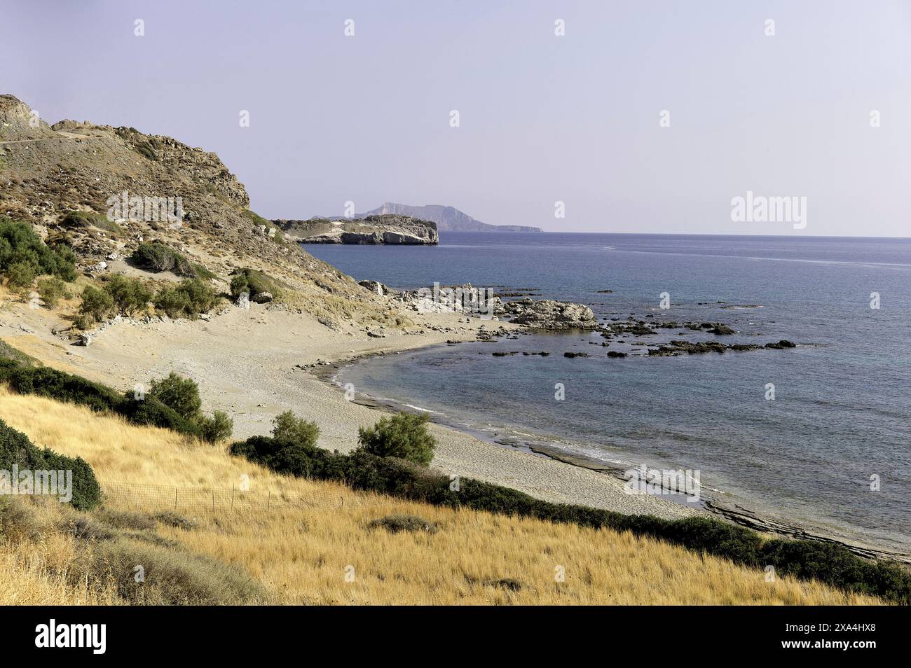 Una vista serena di una spiaggia tranquilla con una collina rocciosa, erba secca dorata in primo piano e calme acque blu che si estendono all'orizzonte sotto un cielo limpido. Foto Stock