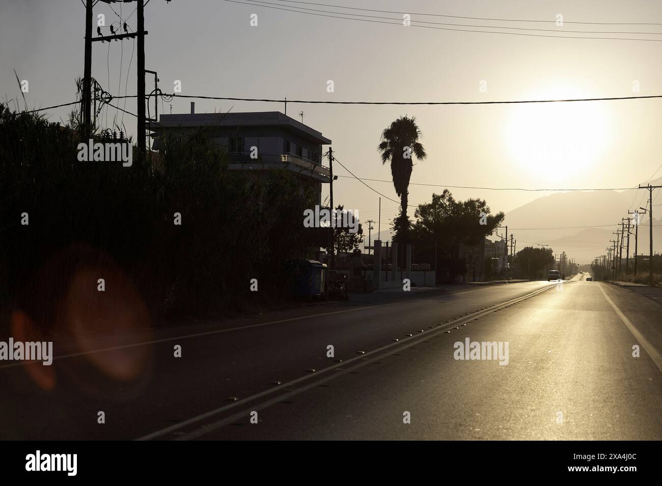 Una strada tranquilla al tramonto con il sole basso nel cielo, che proietta un caldo bagliore su una scena con alcune palme e un edificio sulla sinistra. Foto Stock