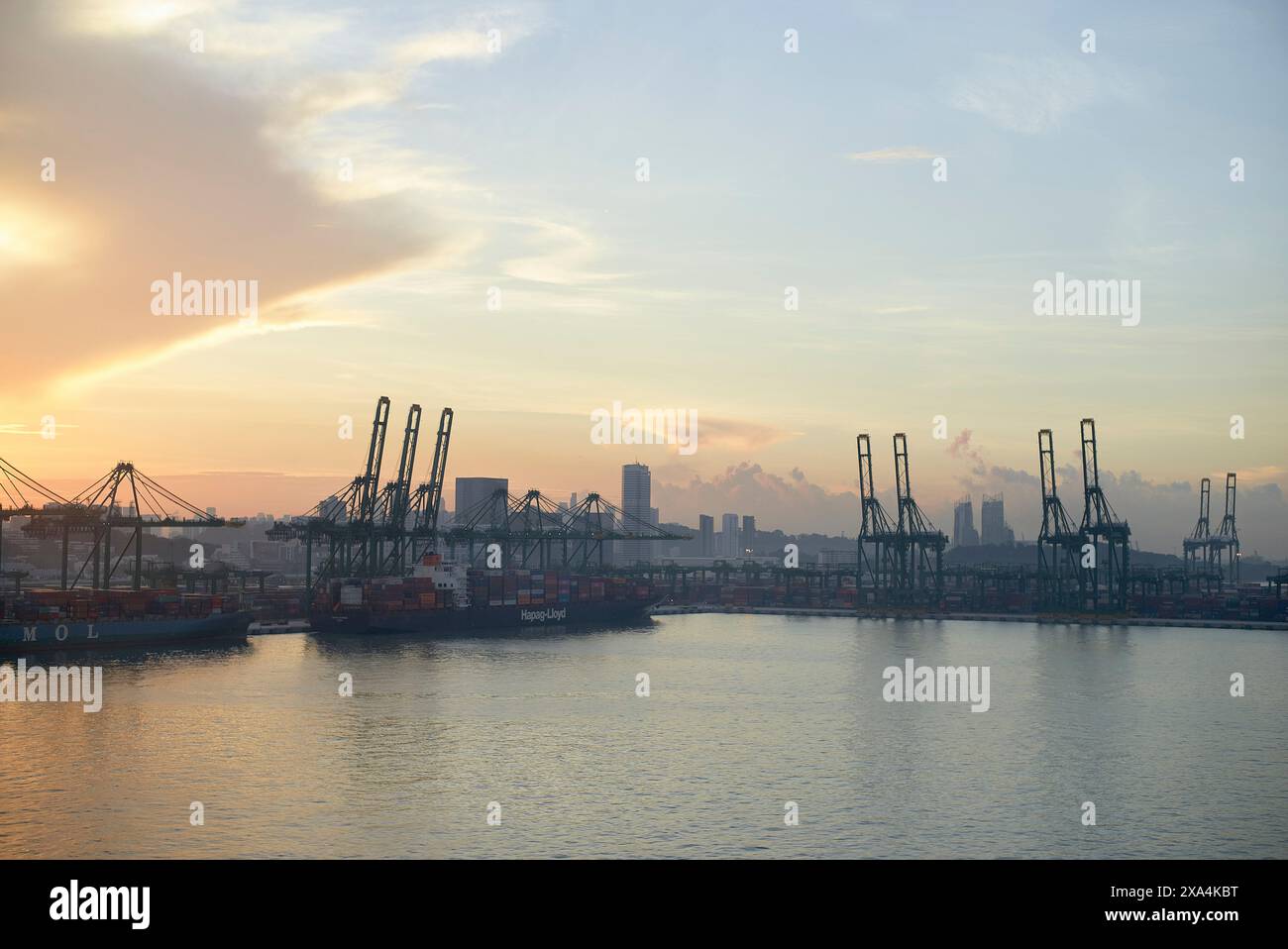 Una serena scena all'alba in un porto con sagome di gru e uno skyline sullo sfondo sotto un cielo morbido color pastello. Foto Stock