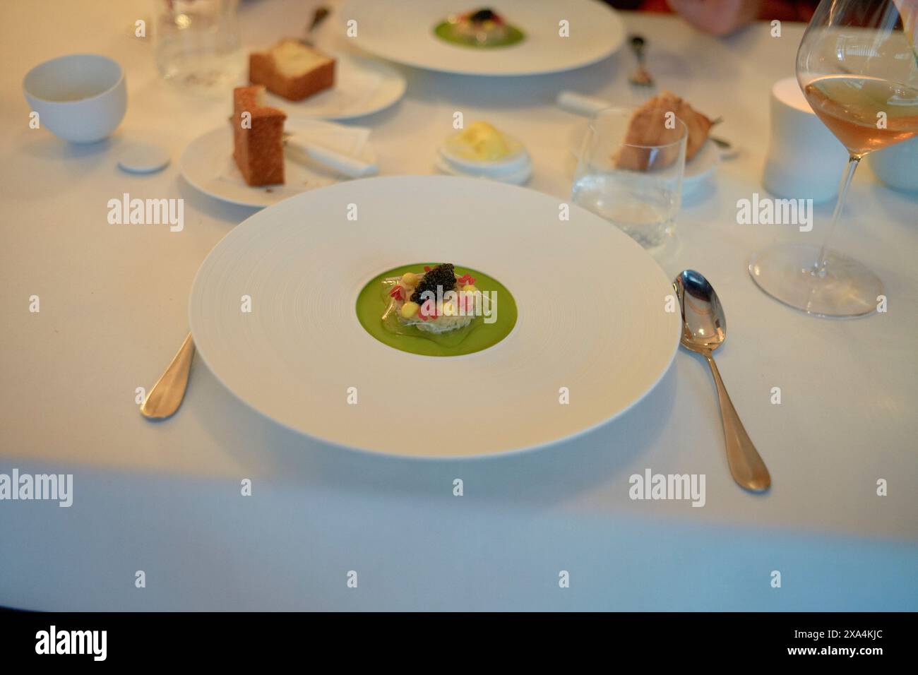 Un piatto gourmet viene presentato su un grande piatto bianco ad un elegante tavolo da pranzo con argenteria, un bicchiere di vino e pane a lato. Foto Stock