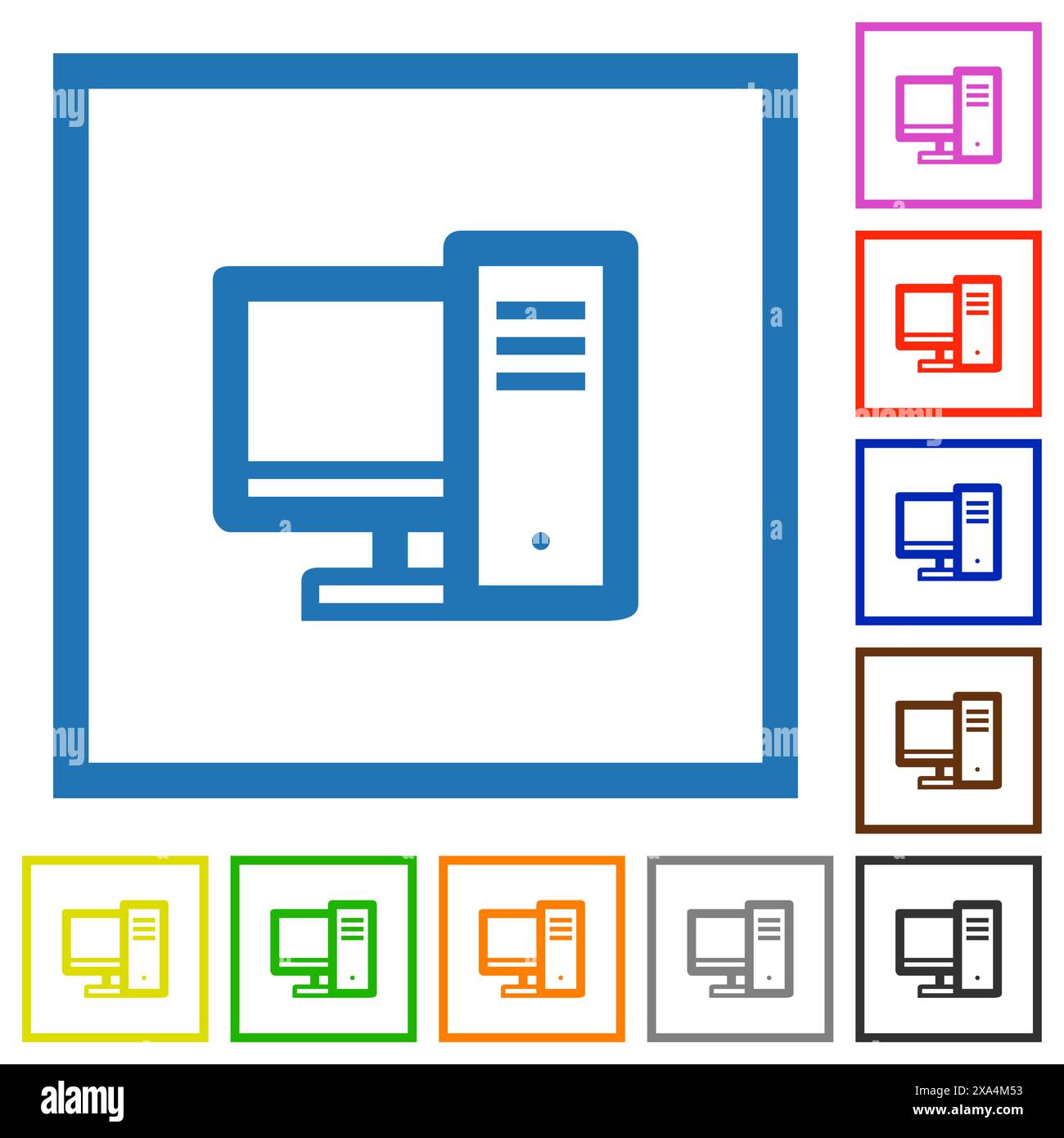 Il computer desktop delinea le icone a colori piatte in cornici quadrate su sfondo bianco Illustrazione Vettoriale