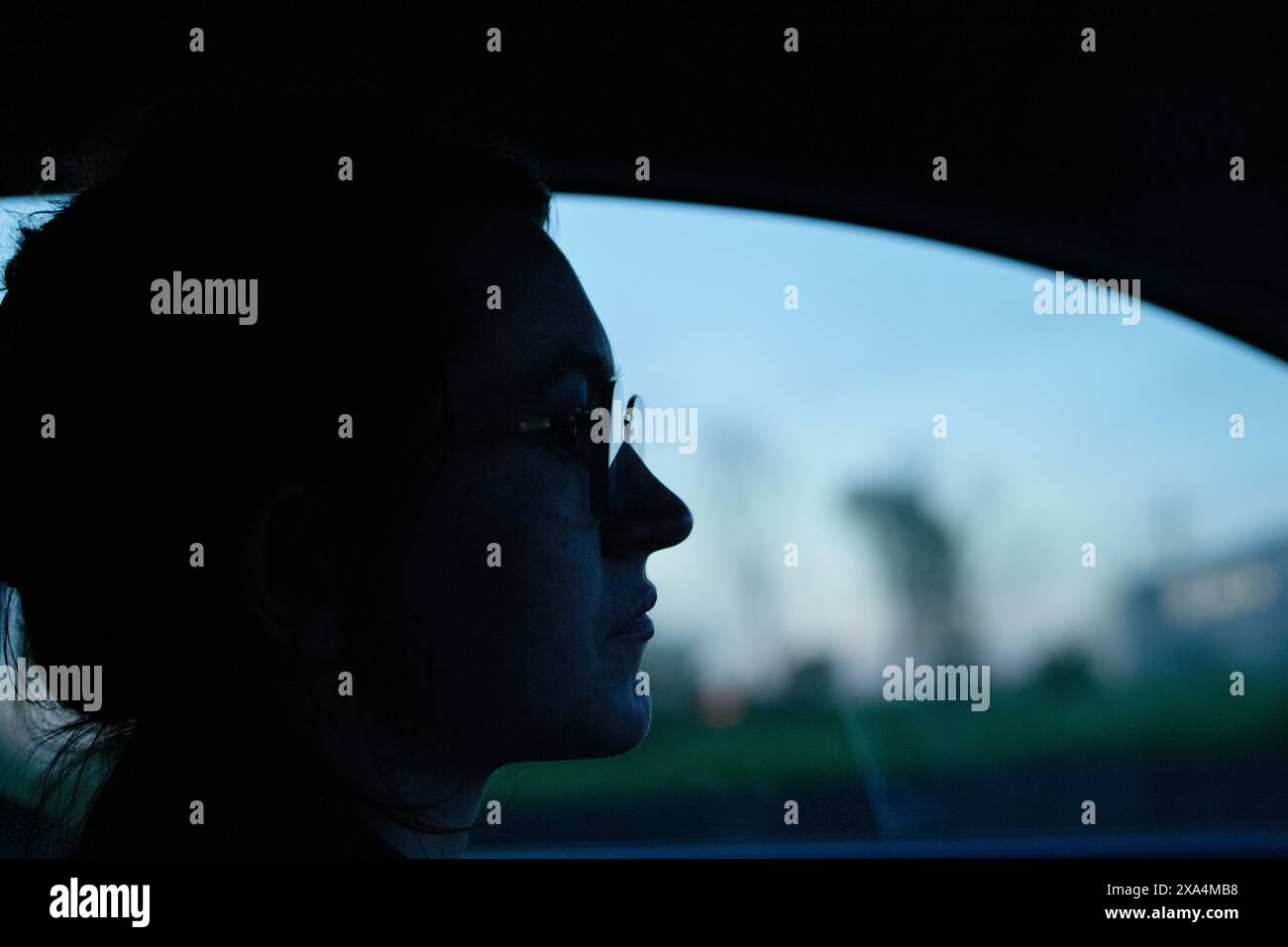 L'immagine mostra una vista del profilo di una persona seduta all'interno di un veicolo durante il crepuscolo con uno sfondo sfocato. Foto Stock