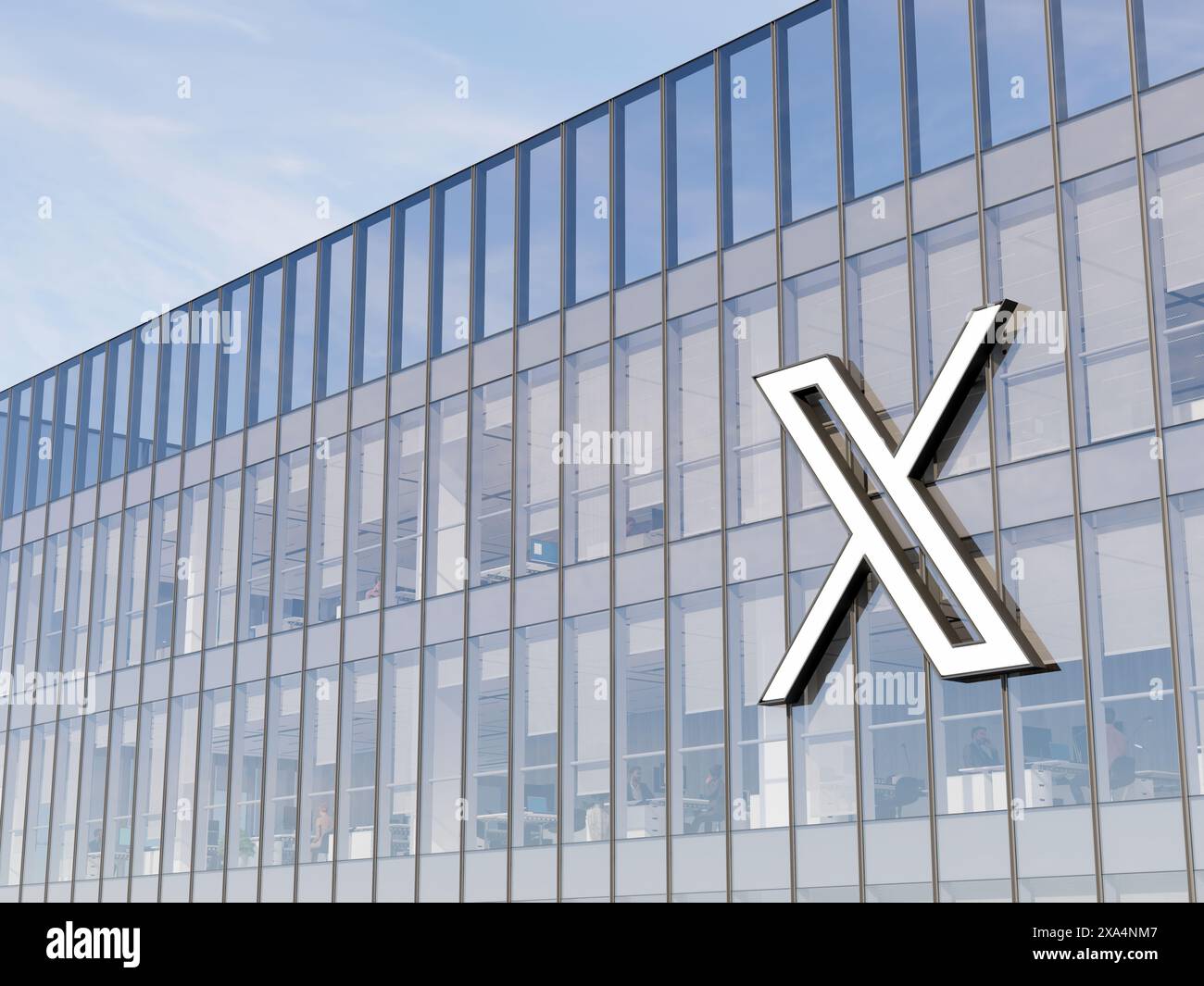 San Francisco, California, Stati Uniti. 20 maggio 2024. Solo per uso editoriale, CGI 3D. Logo della segnaletica X sulla parte superiore dell'edificio in vetro. Ex tecnologia Twitter Workplace Foto Stock
