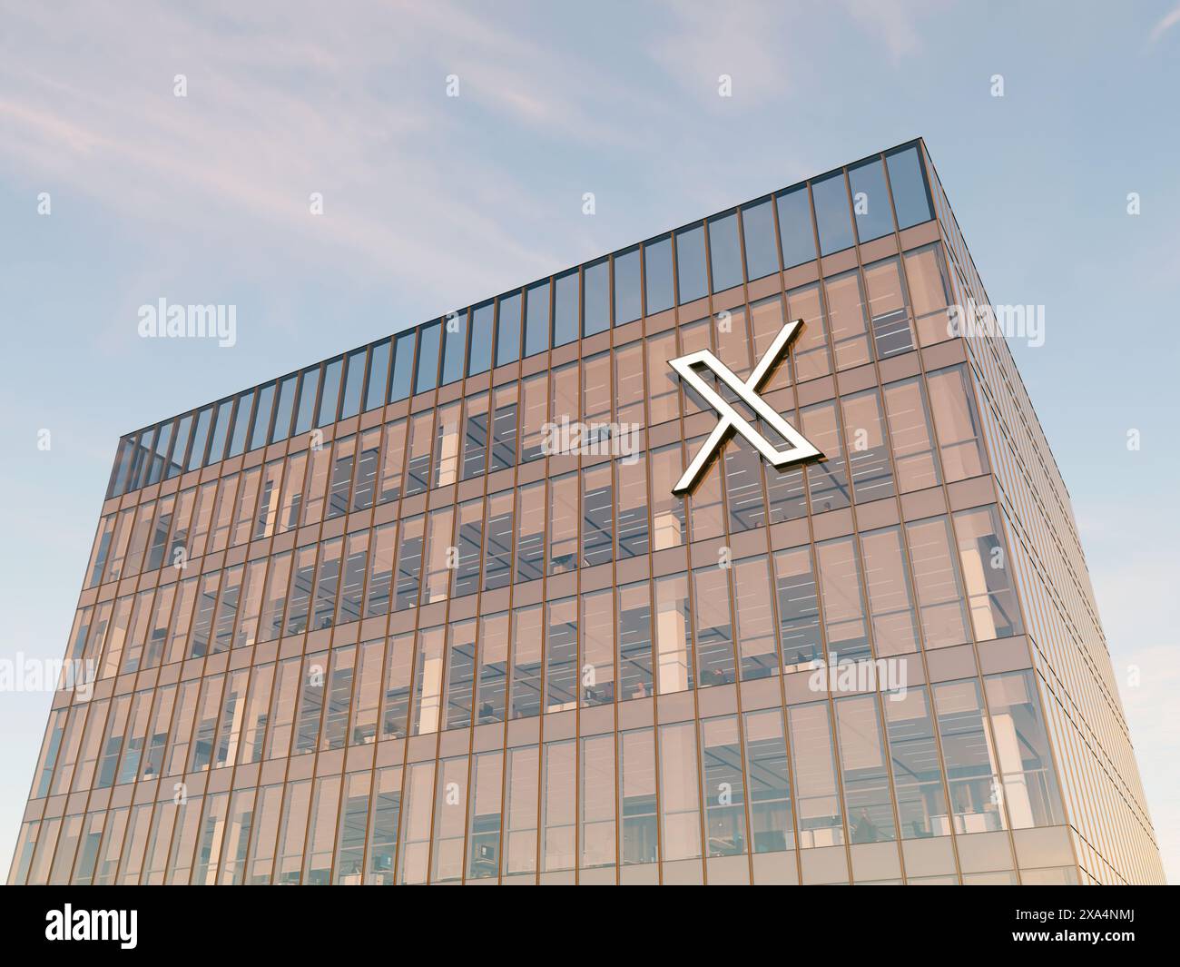 San Francisco, California, Stati Uniti. 20 maggio 2024. Solo per uso editoriale, CGI 3D. Logo della segnaletica X sulla parte superiore dell'edificio in vetro. Ex tecnologia Twitter Workplace Foto Stock