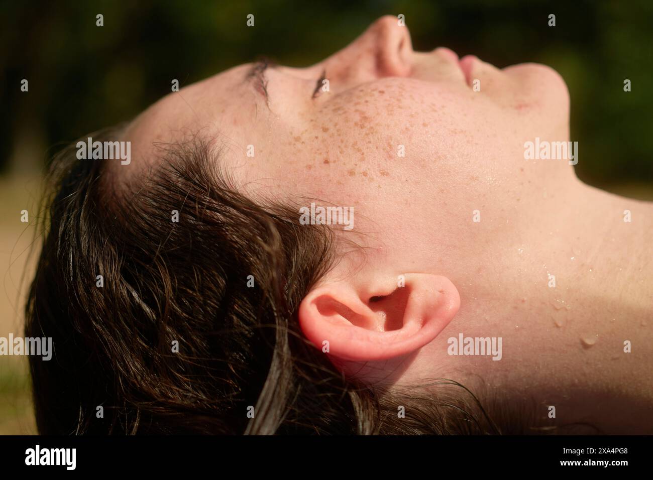 Primo piano del profilo di una persona con particolare attenzione all'orecchio e alla mandibola, su uno sfondo verde sfocato, con pelle baciata dal sole e gocce d'acqua. Foto Stock