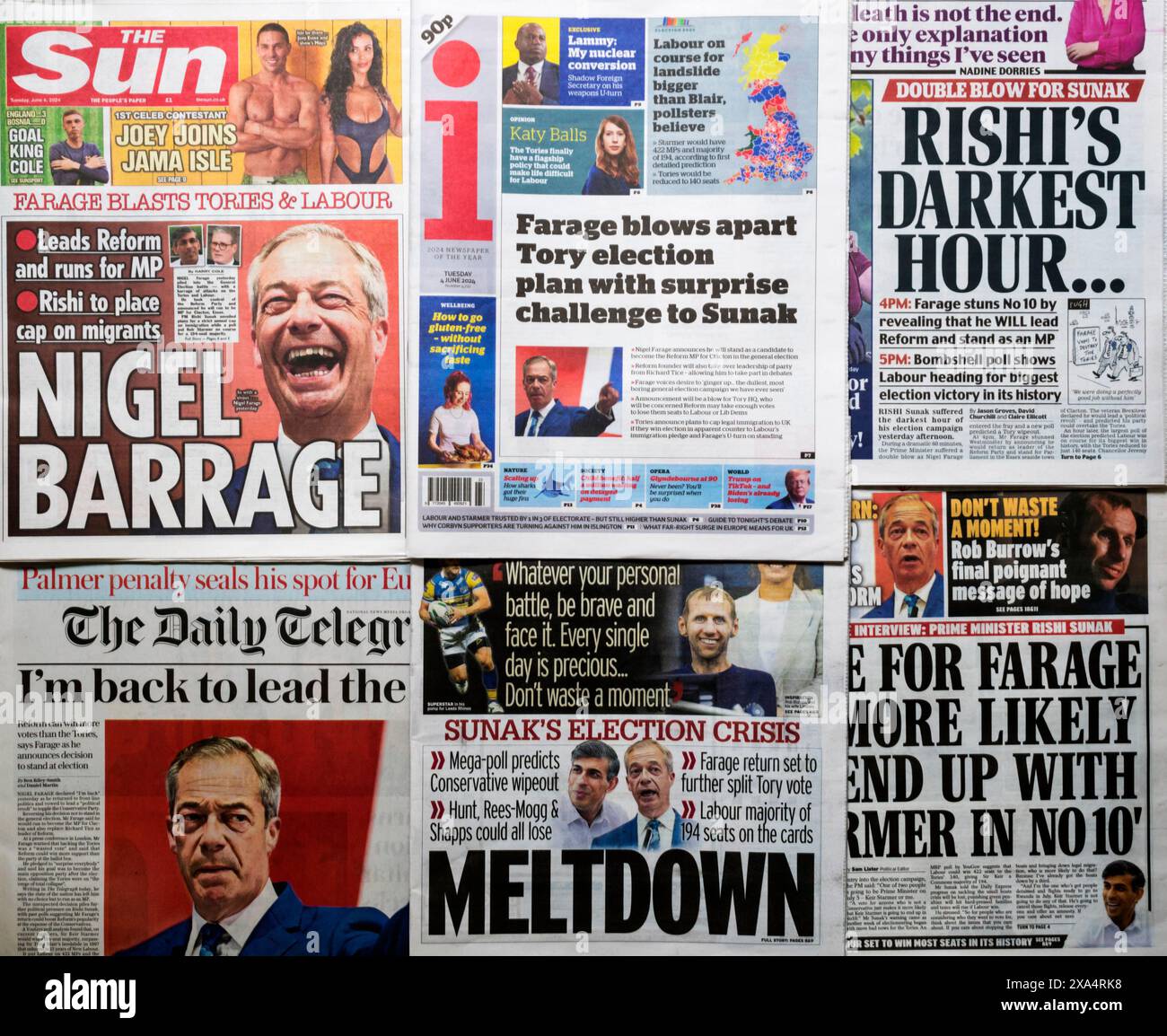 4 giugno 2024. I giornali britannici reagiscono alla notizia che Nigel Farage sta per assumere la leadership del Partito Riformista e partecipare alle elezioni generali. Foto Stock