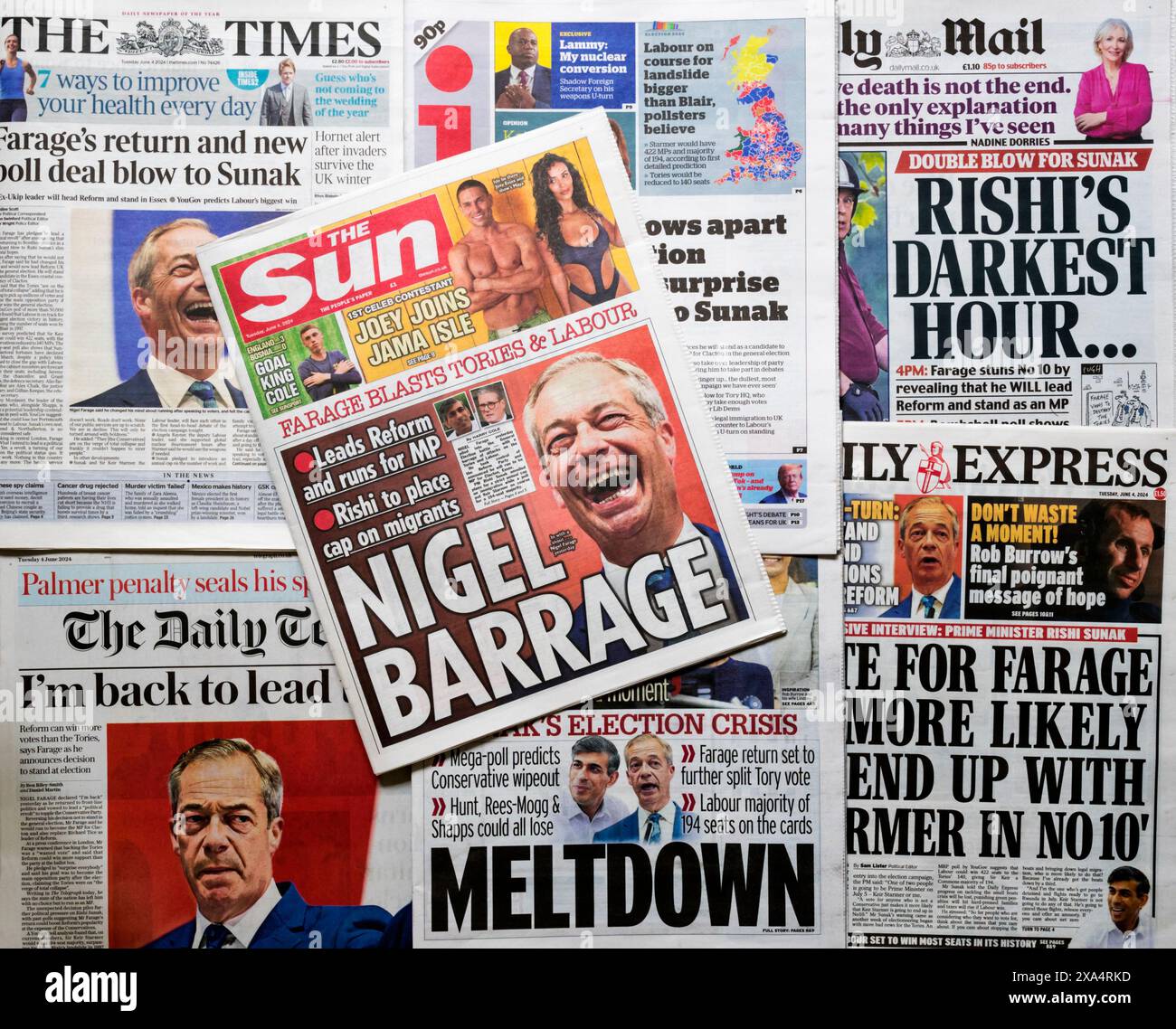 4 giugno 2024. I giornali britannici reagiscono alla notizia che Nigel Farage sta per assumere la leadership del Partito Riformista e partecipare alle elezioni generali. Foto Stock