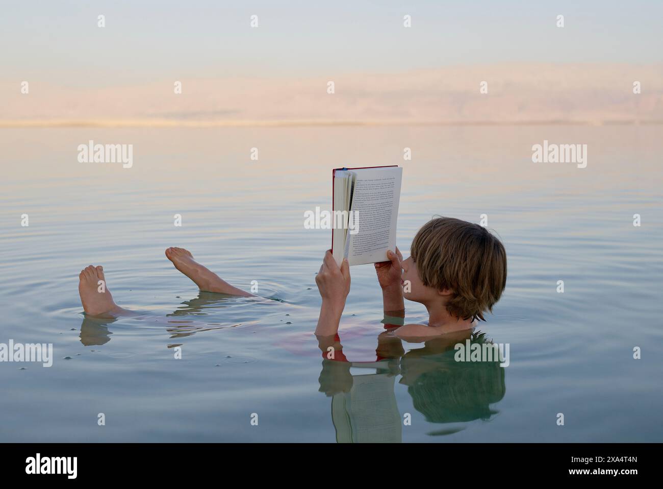Una persona galleggia senza sforzo in un corpo d'acqua calmo mentre legge un libro, con cieli limpidi e montagne lontane sullo sfondo. Foto Stock Una persona galleggia senza sforzo in un corpo d'acqua calmo mentre legge un libro, con cieli limpidi e montagne lontane sullo sfondo. Foto Stock