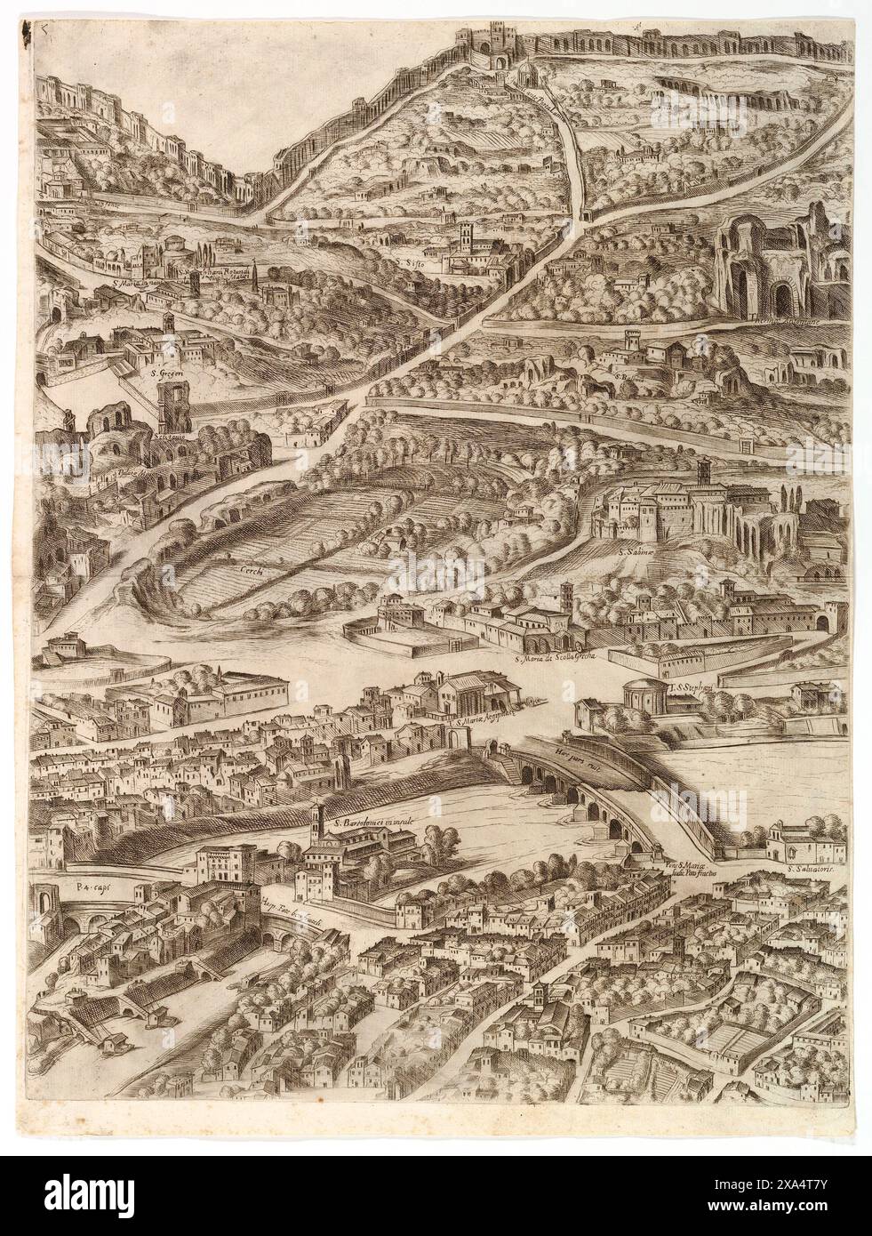 Pianta della città di Roma - Terme di Caracalla, Santa Sabina e parte del Tevere di Antonio tempesta nel 1645 Foto Stock