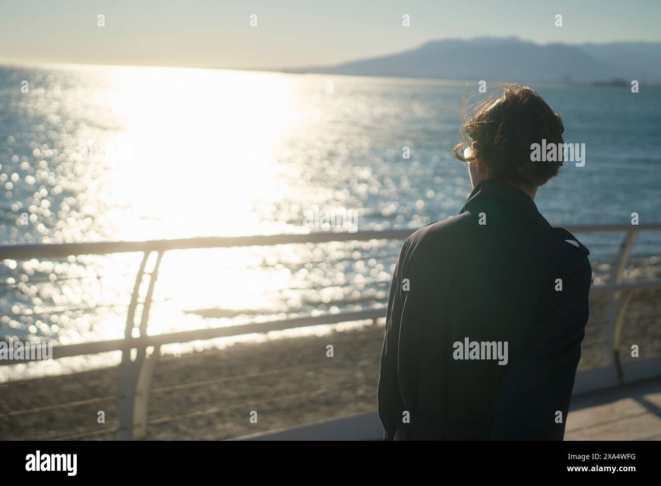 Vista posteriore di una persona che guarda un mare scintillante con un cielo limpido, in piedi accanto a una ringhiera in una giornata di sole. Foto Stock