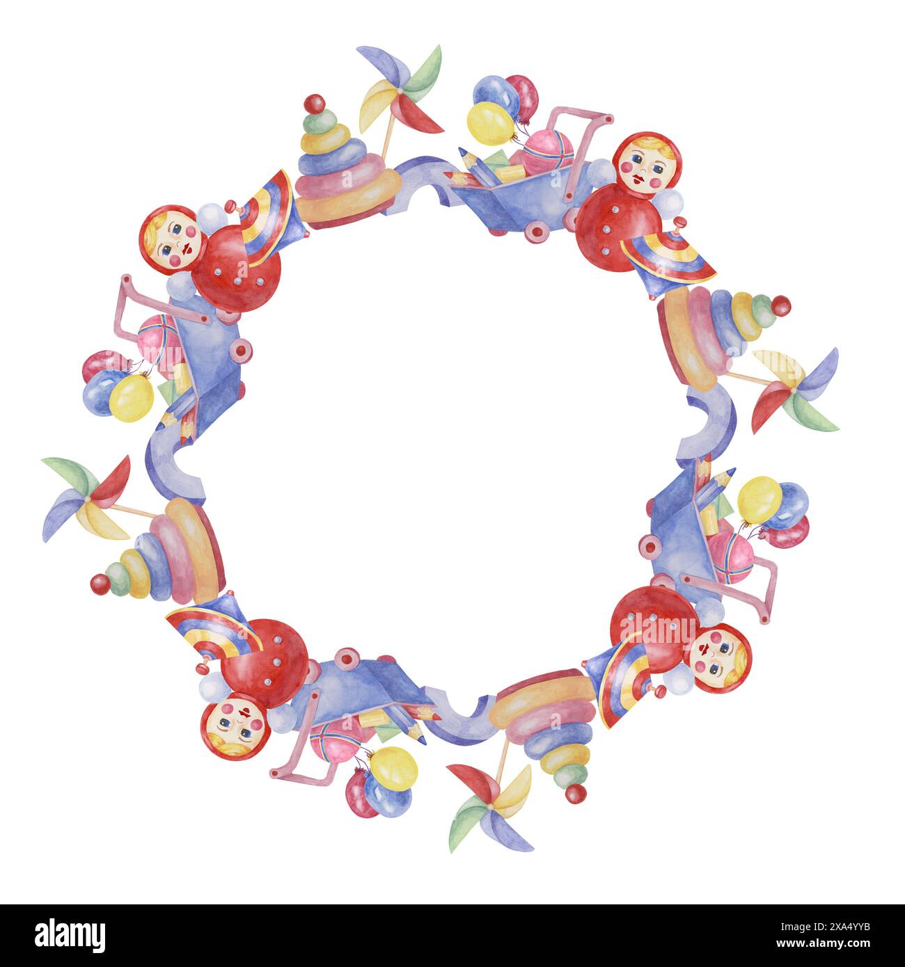 Giocattoli modello con cornice rotonda, bambola con ruota dentata, codolo, palloncini, carrello blu e matite. Acquerello, oggetti da gioco per compleanno, rivelazione di genere, battesimo, schede di annuncio della nascita, invito alla data di gioco Foto Stock