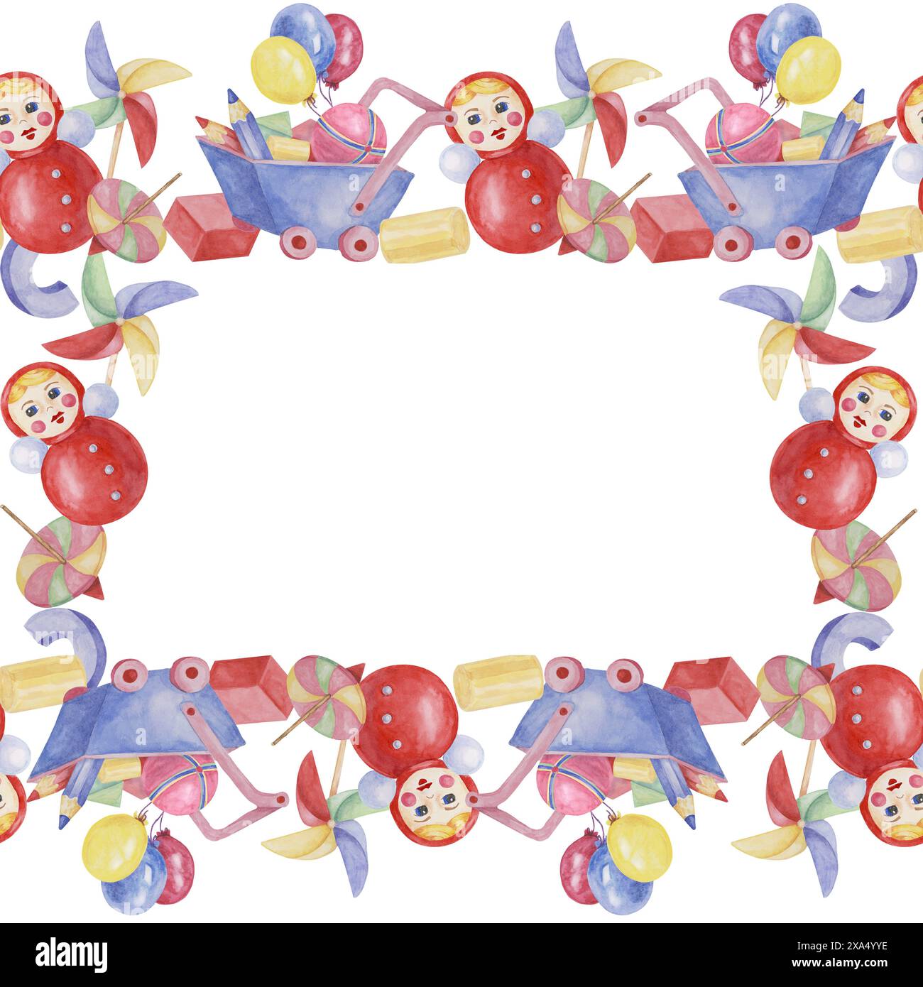Modello con cornice quadrata dei giocattoli, bambola con ruota dentata, codolo, palloncini, carrello blu e matite. Oggetti di gioco acquerello per compleanno, rivelazione di genere, battesimo, scheda di annuncio della nascita, invito alla data di gioco Foto Stock