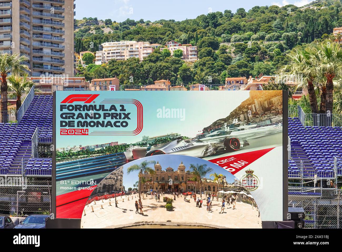 Gran Premio di Monaco 2024. Formula uno Grand Prix de Monaco. Tribuni vuoti e logo sul circuito di Monaco. Foto Stock