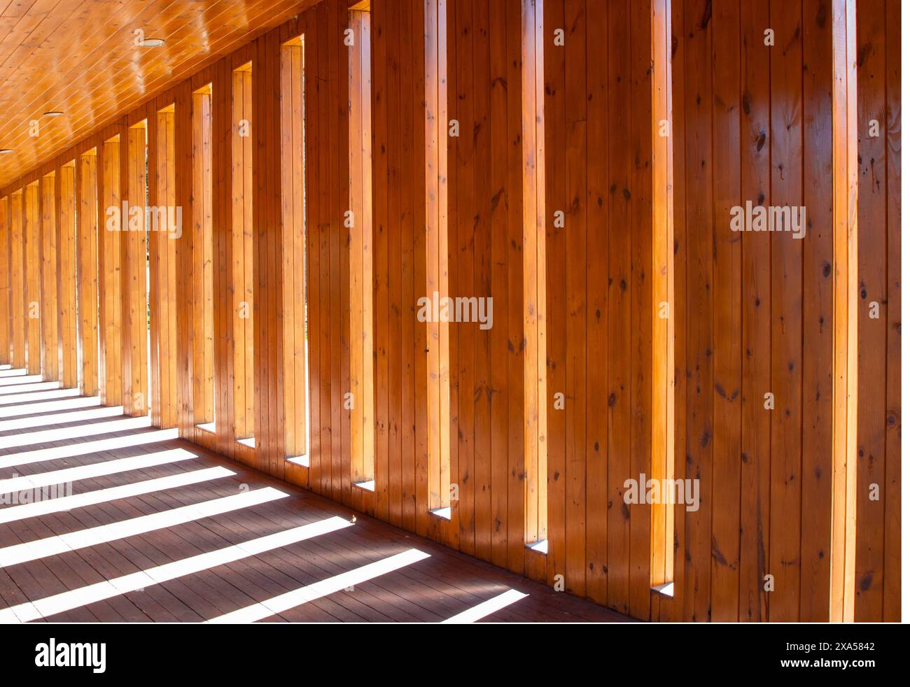 Un edificio con illuminazione simmetrica e ombre in un corridoio Foto Stock