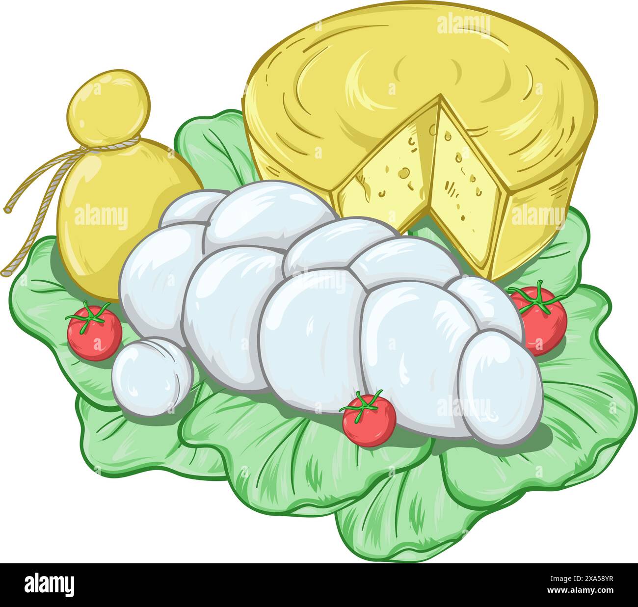 Composizione di formaggi tradizionali italiani su un piatto di lattuga. illustrazione vettoriale Illustrazione Vettoriale