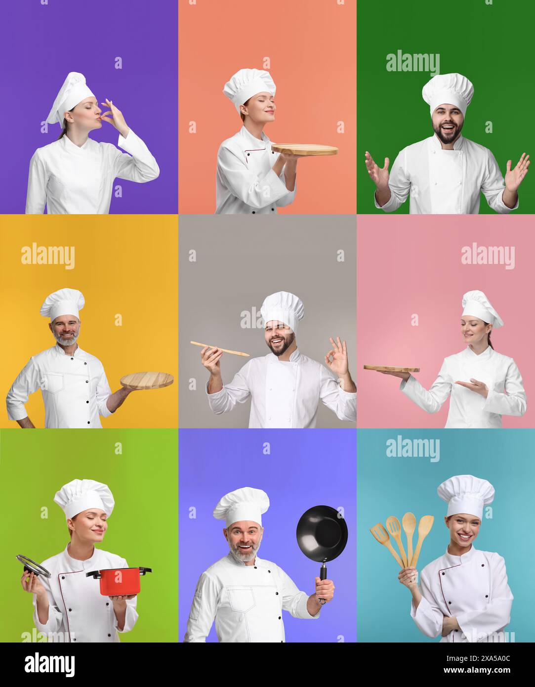 Collage con foto di chef professionisti su sfondi di colore diverso Foto Stock