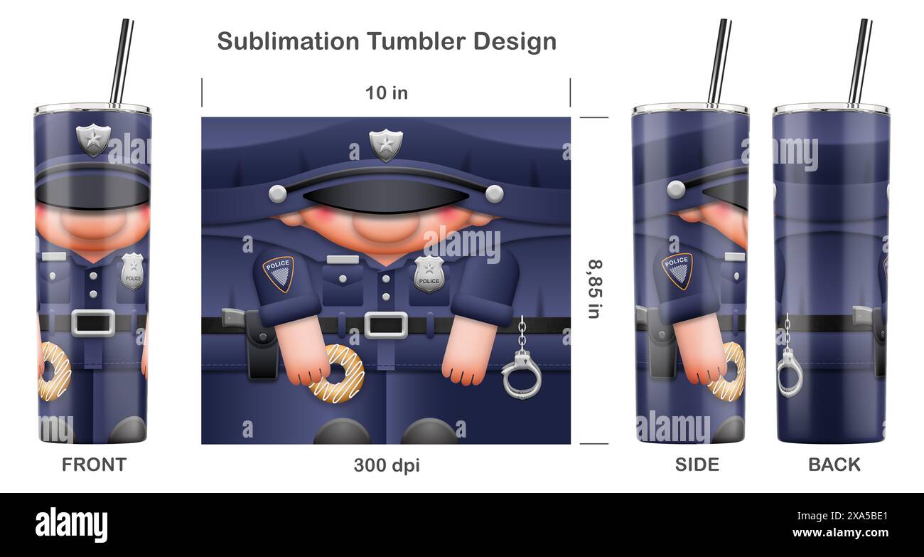 Divertente personaggio dei cartoni animati poliziotto. Dima a sublimazione senza cuciture per bicchiere magro da 20 once. Illustrazione della sublimazione. Senza cuciture da bordo a bordo. Foto Stock