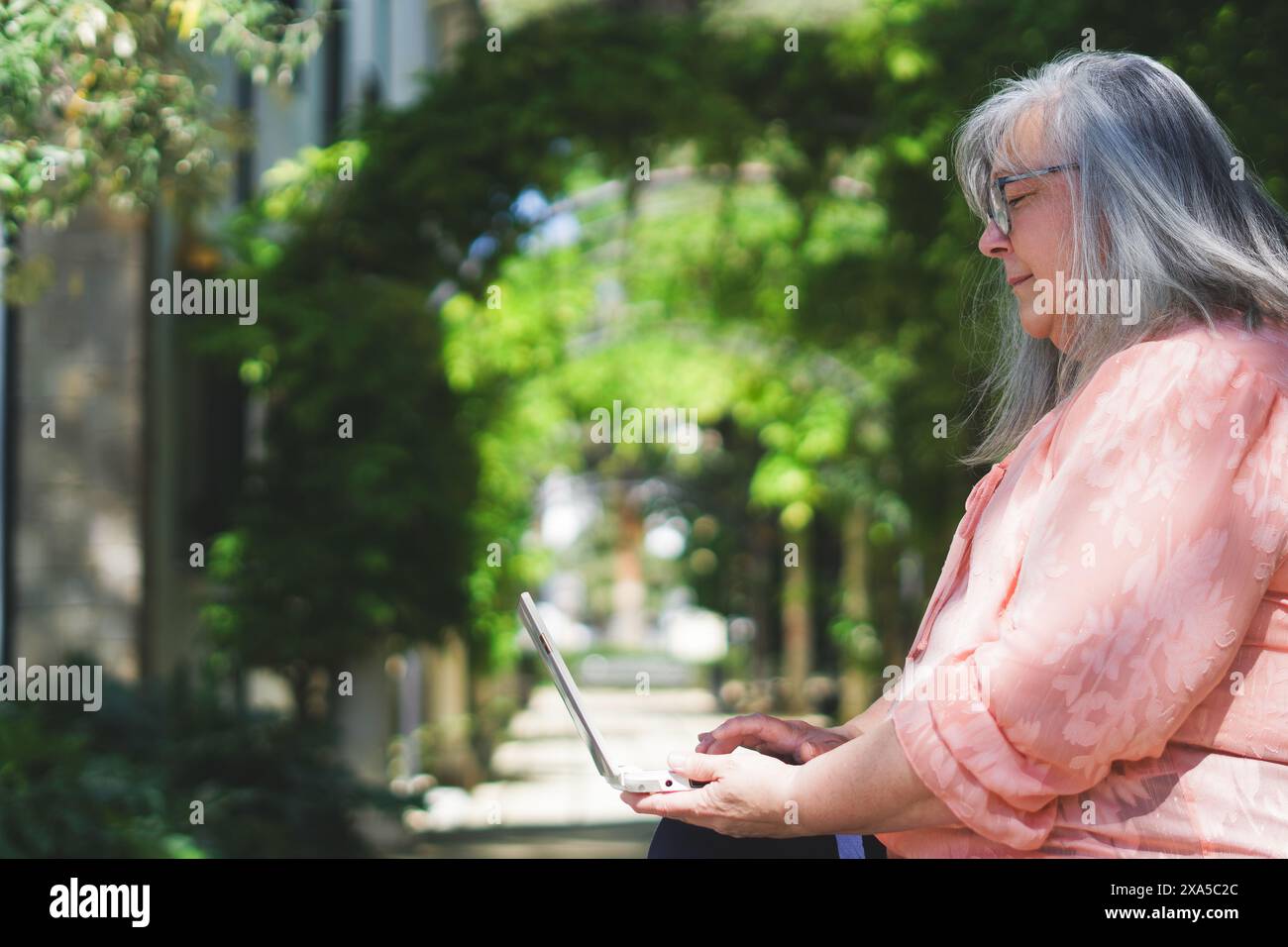 Una donna anziana con capelli bianchi e occhiali seduti su una panchina del parco che lavora con il suo computer portatile Foto Stock