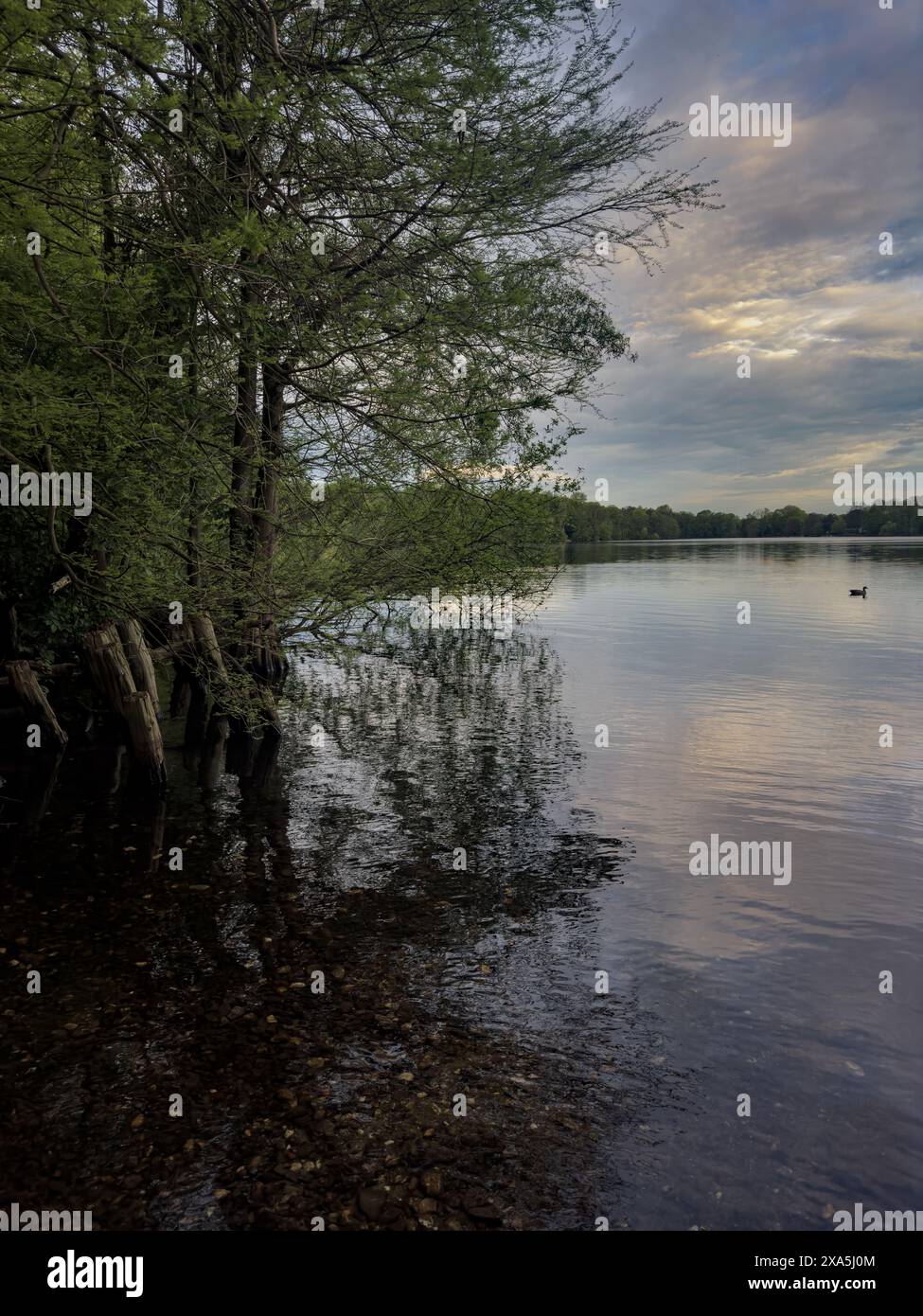 Un uomo affonda una piccola barca su un fiume Foto Stock