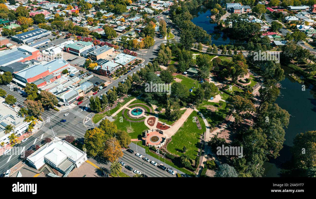 Una vista aerea dei Victoria Memorial Gardens a Wagga Wagga, NSW, Australia. Foto Stock