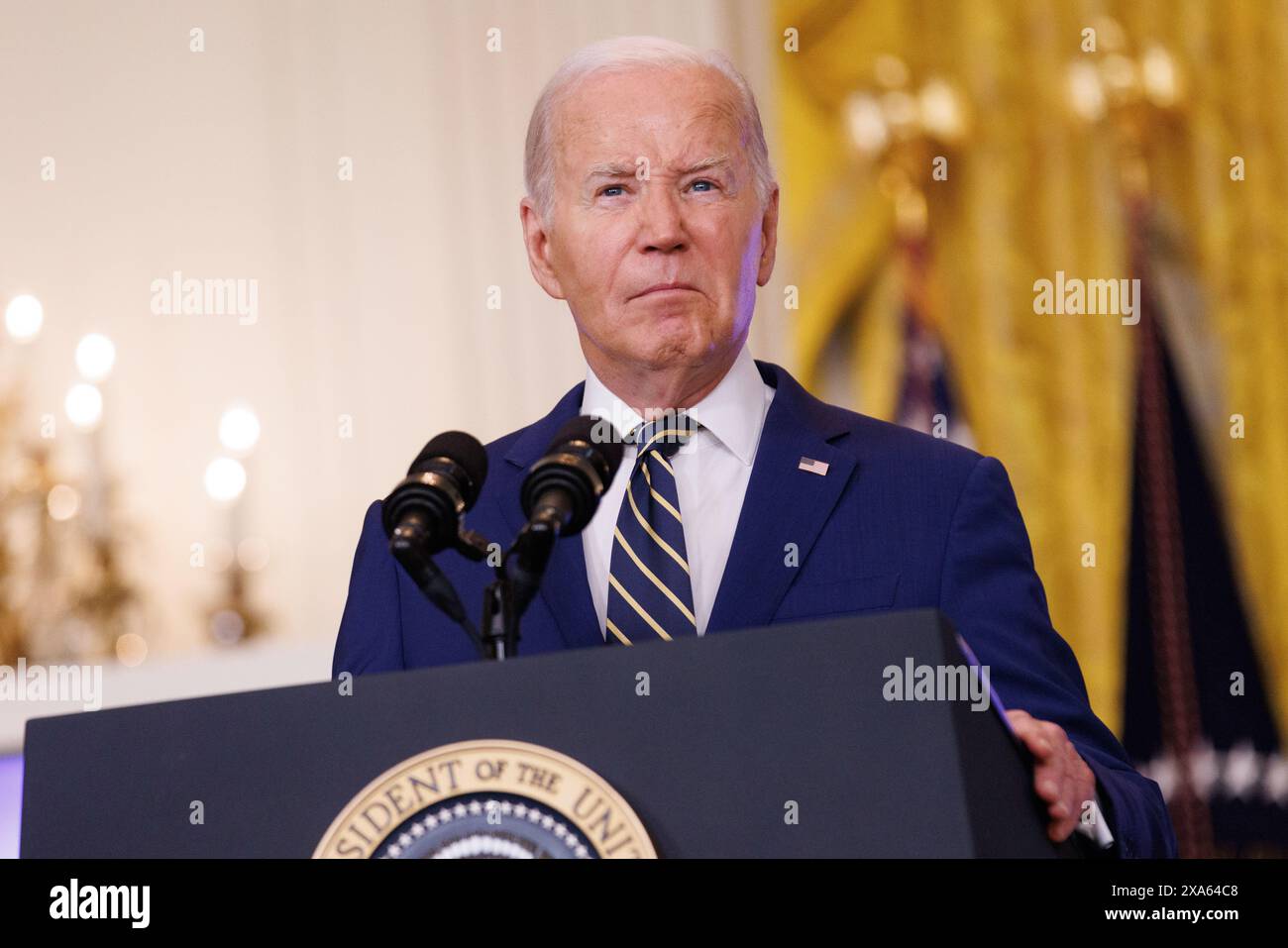 Washington, Stati Uniti. 4 giugno 2024. Il Presidente Joe Biden fa osservazioni sul confine meridionale e sui richiedenti asilo nella sala orientale della Casa Bianca di Washington DC, mentre il Presidente Biden ha firmato un ordine esecutivo che chiuderà temporaneamente il processo di richiesta di asilo. (Foto di Aaron Schwartz/Sipa USA) credito: SIPA USA/Alamy Live News Foto Stock