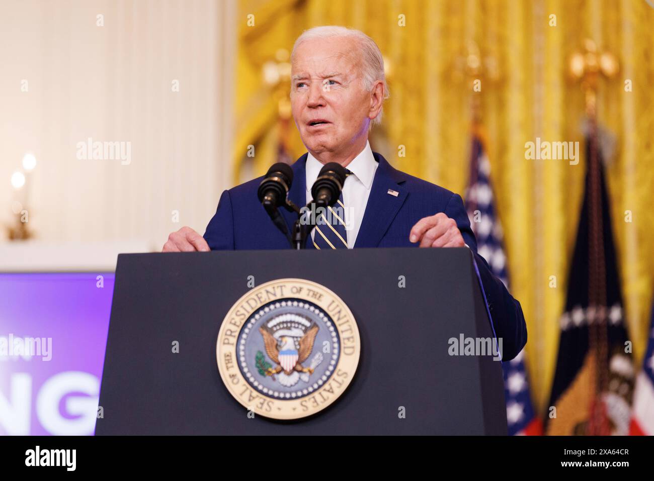 Washington, Stati Uniti. 4 giugno 2024. Il Presidente Joe Biden fa osservazioni sul confine meridionale e sui richiedenti asilo nella sala orientale della Casa Bianca di Washington DC, mentre il Presidente Biden ha firmato un ordine esecutivo che chiuderà temporaneamente il processo di richiesta di asilo. (Foto di Aaron Schwartz/Sipa USA) credito: SIPA USA/Alamy Live News Foto Stock