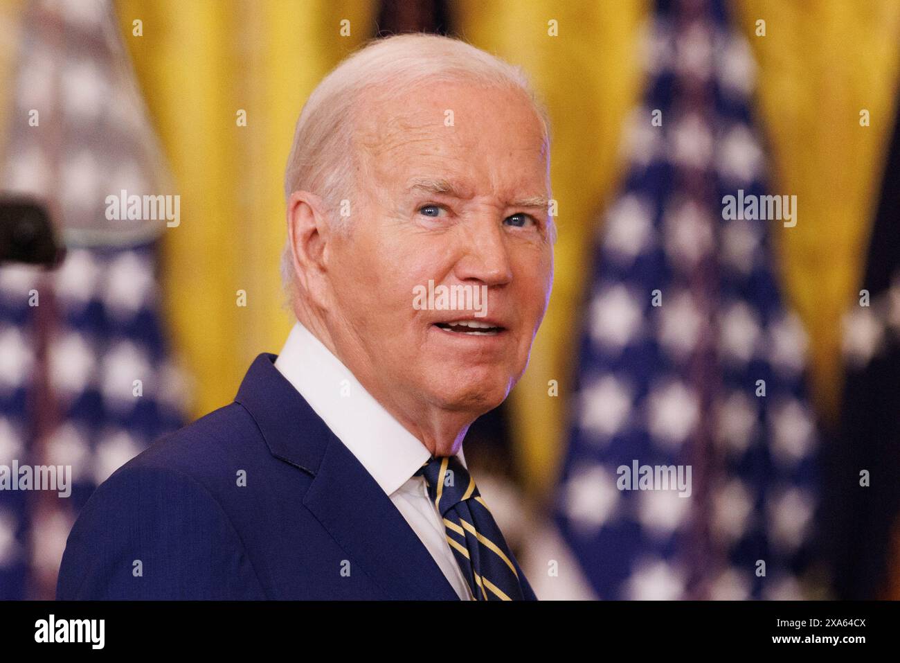 Washington, Stati Uniti. 4 giugno 2024. Il Presidente Joe Biden fa osservazioni sul confine meridionale e sui richiedenti asilo nella sala orientale della Casa Bianca di Washington DC, mentre il Presidente Biden ha firmato un ordine esecutivo che chiuderà temporaneamente il processo di richiesta di asilo. (Foto di Aaron Schwartz/Sipa USA) credito: SIPA USA/Alamy Live News Foto Stock