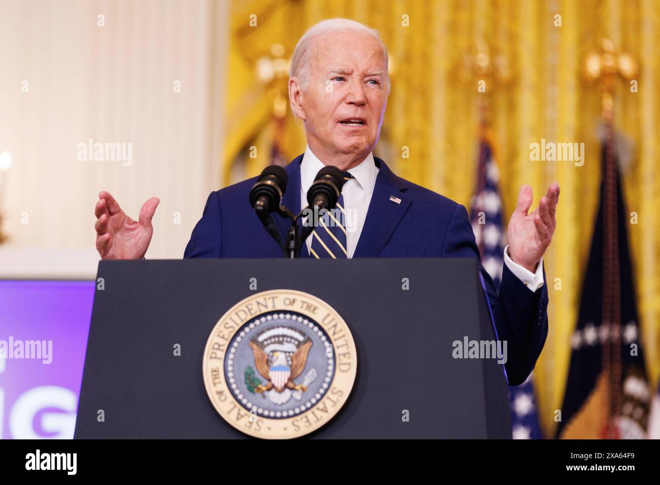 Washington, Stati Uniti. 4 giugno 2024. Il Presidente Joe Biden fa osservazioni sul confine meridionale e sui richiedenti asilo nella sala orientale della Casa Bianca di Washington DC, mentre il Presidente Biden ha firmato un ordine esecutivo che chiuderà temporaneamente il processo di richiesta di asilo. (Foto di Aaron Schwartz/Sipa USA) credito: SIPA USA/Alamy Live News Foto Stock