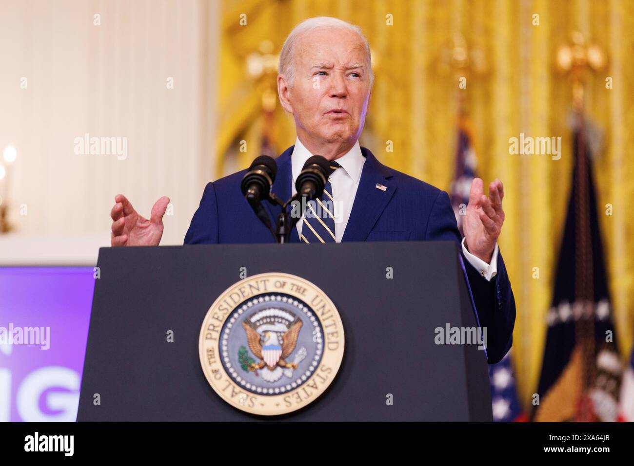 Washington, Stati Uniti. 4 giugno 2024. Il Presidente Joe Biden fa osservazioni sul confine meridionale e sui richiedenti asilo nella sala orientale della Casa Bianca di Washington DC, mentre il Presidente Biden ha firmato un ordine esecutivo che chiuderà temporaneamente il processo di richiesta di asilo. (Foto di Aaron Schwartz/Sipa USA) credito: SIPA USA/Alamy Live News Foto Stock