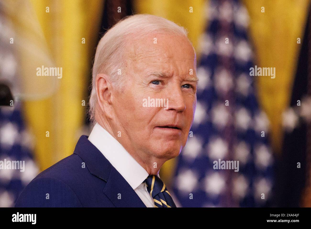 Washington, Stati Uniti. 4 giugno 2024. Il Presidente Joe Biden fa osservazioni sul confine meridionale e sui richiedenti asilo nella sala orientale della Casa Bianca di Washington DC, mentre il Presidente Biden ha firmato un ordine esecutivo che chiuderà temporaneamente il processo di richiesta di asilo. (Foto di Aaron Schwartz/Sipa USA) credito: SIPA USA/Alamy Live News Foto Stock