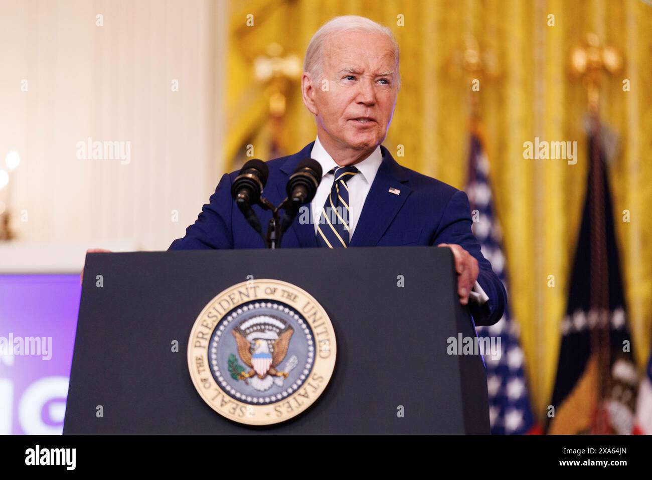 Washington, Stati Uniti. 4 giugno 2024. Il Presidente Joe Biden fa osservazioni sul confine meridionale e sui richiedenti asilo nella sala orientale della Casa Bianca di Washington DC, mentre il Presidente Biden ha firmato un ordine esecutivo che chiuderà temporaneamente il processo di richiesta di asilo. (Foto di Aaron Schwartz/Sipa USA) credito: SIPA USA/Alamy Live News Foto Stock