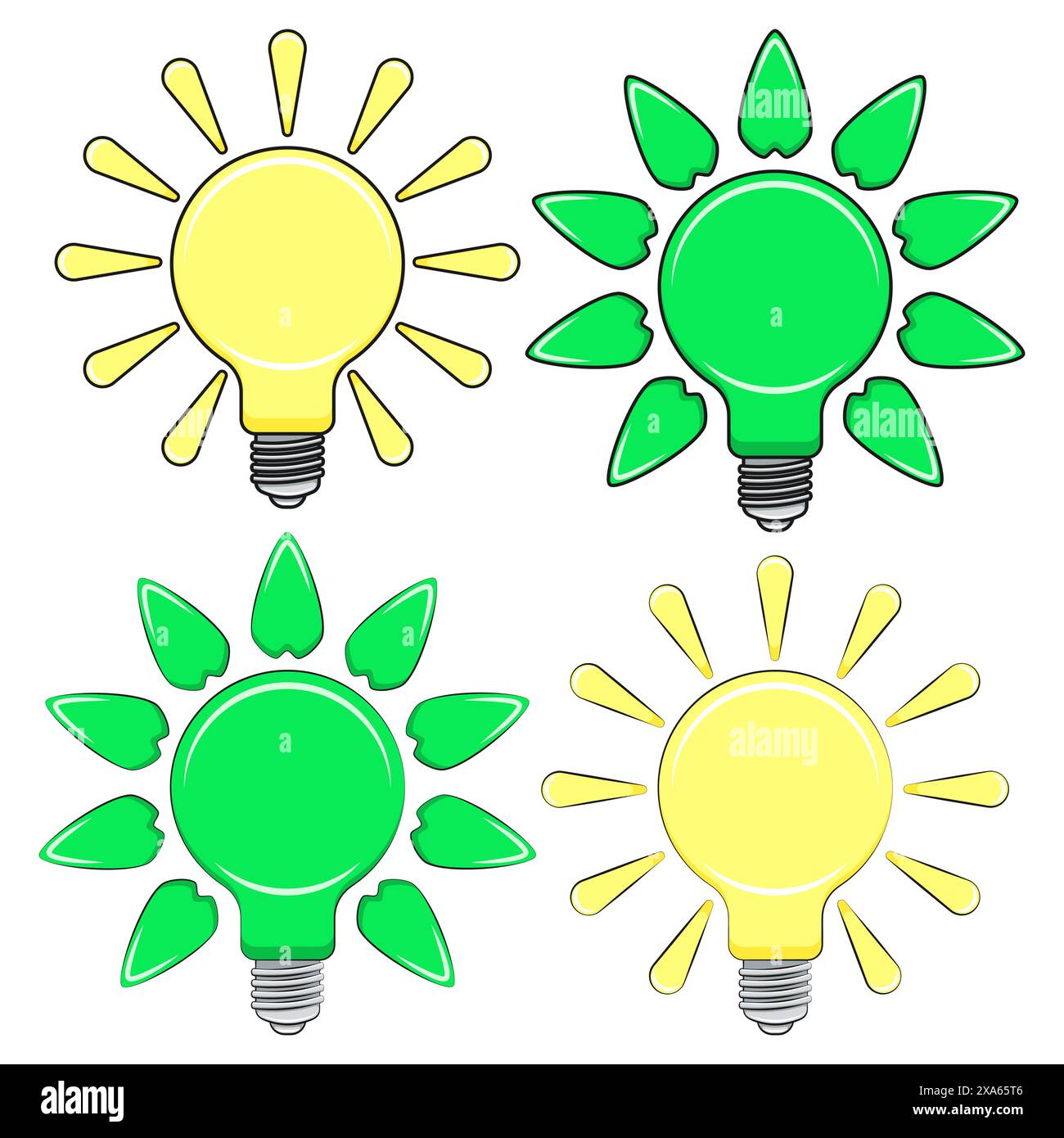 Set di illustrazioni a colori con lampadine, raggi e foglie, energia verde, energia solare. Oggetti vettoriali isolati su sfondo bianco. Illustrazione Vettoriale