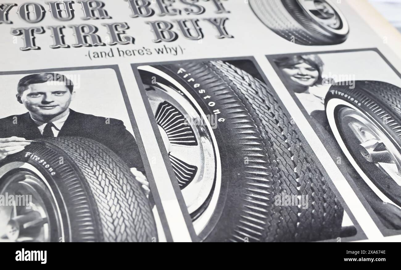 Viersen, Germania - 9 maggio. 2024: Pubblicità della rivista Firestone, vecchia rivista di pneumatici per auto in bianco e nero del 1966 Foto Stock