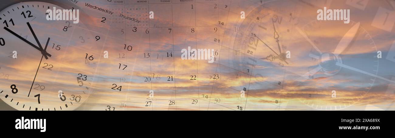 Orologio e calendario in cielo. Tempo che passa Foto Stock